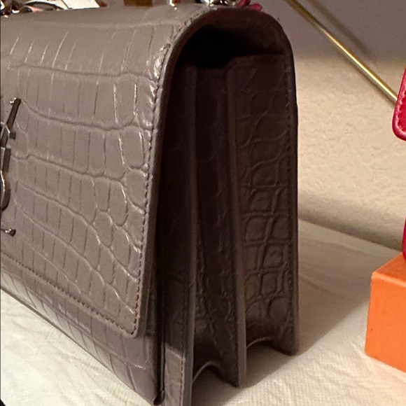 Saint Laurent Croc-Embossed Shoulder Bag in Taupe Gray - Picture 3 of 4